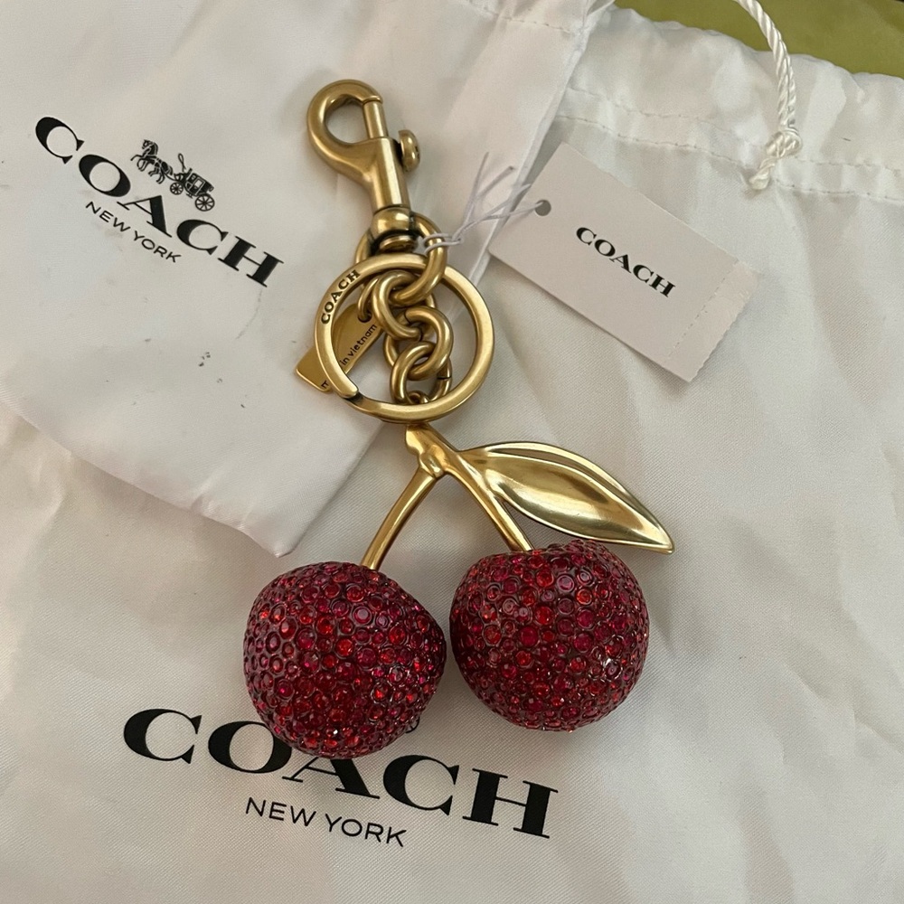 Coach Gold-Tone & Red Crystal Cherry Bag Charm Keychain
